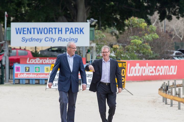 NSW opposition leader Luke Foley (left) and NSW shadow Minister for gaming and racing, Michael Maley, on July 31 as they call for the Greyhound industry to be reformed, not banned.