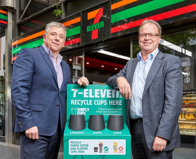 7-Eleven Australia's CEO Angus McKay and Simply Cups founder Rob Pascoe with one of the special recycling bins which will be placed in 7-Eleven stores from March next year.