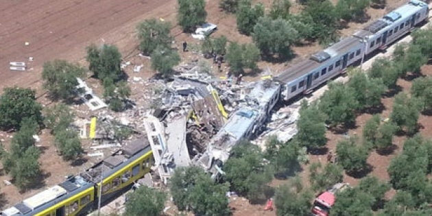 Two passenger trains are seen after a collision in the middle of an olive grove in the southern village of Corato, near Bari, Italy, in this handout pictures released by Italian Firefighters July 12, 2016. Italian Firefighters/Handout via Reuters ATTENTION EDITORS - THIS PICTURE WAS PROVIDED BY A THIRD PARTY. FOR EDITORIAL USE ONLY. TPX IMAGES OF THE DAY