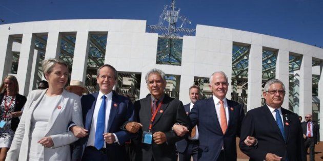 Prime Minister Malcolm Turnbull and Opposition Leader Bill Shorten came together to link arms with Charlie King & Tanya Plibersek and Ken Wyatt at the No More event in support of ending family violence outside Parliament House in Canberra