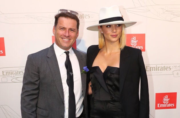 Karl Stefanovic and Jasmine Yarbrough attend the Emirates Marquee on Derby Day.