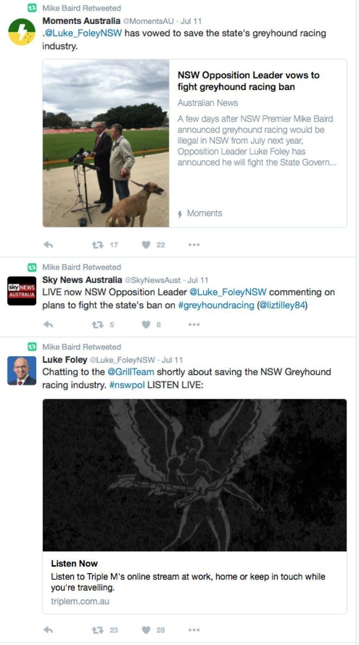 NSW Premier Mike Baird has been retweeting his opponent's opposition to the greyhound racing ban.