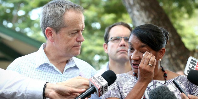 Opposition Leader Bill Shorten with Senator Nova Peris as she announced her retirement from politics in May