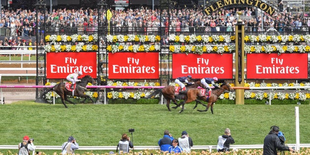 Rekindling (GB) ridden by Corey Brown wins the Emirates Melbourne Cup at Flemington Racecourse on November 07, 2017 in Flemington, Australia. (Mike Keating/Racing Photos via Getty Images)