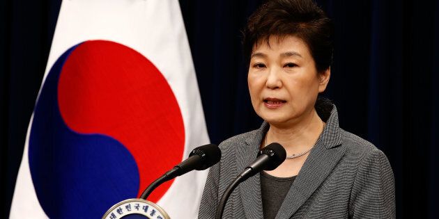 SEOUL, SOUTH KOREA - NOVEMBER 29: South Korean President Park Geun-Hye makes a speech during an address to the nation, at the presidential Blue House in Seoul on November 29, 2016. South Korea's scandal-hit President Park Geun-Hye said Tuesday she was willing to stand down early and would let parliament decide on her fate. (Photo by Jeon Heon-Kyun-Pool/Getty Images)