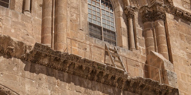 The immovable ladder on the Church of the Holy Sepulchre in the old city of Jerusalem