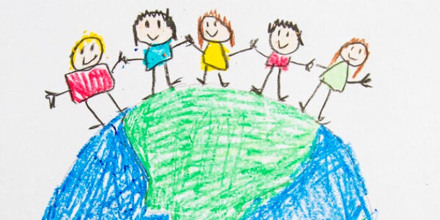 A kids drawing of people holding hands on earth.