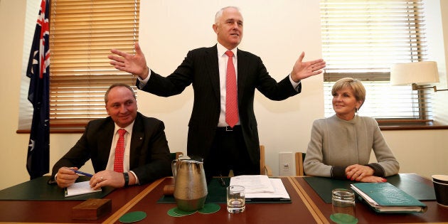 Malcolm Turnbull, with deputy Prime Minister Barnaby Joyce and deputy Liberal leader Julie Bishop during the party room meeting at Parliament House