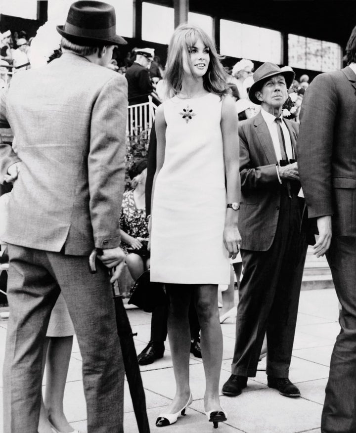 English model, Jean Shrimpton attends Derby Day at Flemington Racecourse in Melbourne, October 30 1965 wearing a mini skirt, the garment which would go on to define the decade.