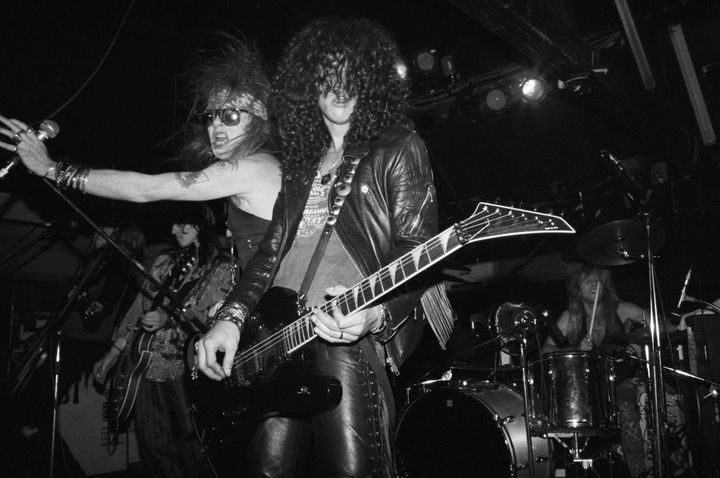 Izzy Stradlin, Axl Rose, Slash and Steven Adler at Fenders Ballroom on December 21, 1986 in Long Beach, California