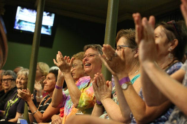 Witnesses celebrate the official apology by the NSW Parliament to those arrested in 1978 gay march.