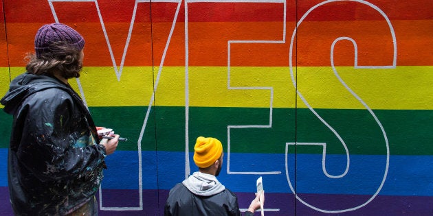 Apparition Media artist David Lee Pereira's gay marriage postal vote art in Knox Lane, Melbourne.