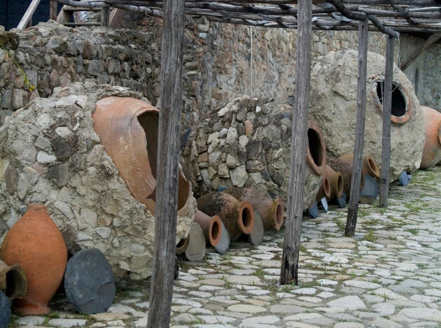 Qvevri vessels at Alaverdi Cathedral in the Kakheti Valley in Georgia.