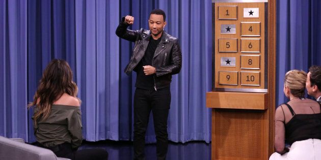 THE TONIGHT SHOW STARRING JIMMY FALLON -- Episode 0583 -- Pictured: (l-r) Model Chrissy Teigen, musician John Legend, Comedian Chelsea Handler, and host Jimmy Fallon play Charades on December 02, 2016 -- (Photo by: Andrew Lipovsky/NBC/NBCU Photo Bank via Getty Images)