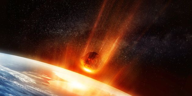 A large Meteor burning and glowing as it hits the earth's atmosphere. 3D illustration.