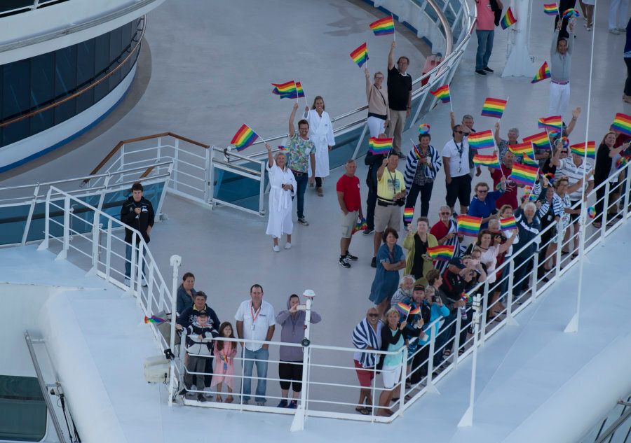 Sydney, Australia -- November 15: The Golden Princess docked in Sydney Harbour proudly flying the rainbow flag to celebrate the YES result.