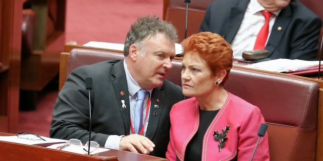 Happier times? One Nation Senators Rod Culleton and Pauline Hanson during a Senate vote in November
