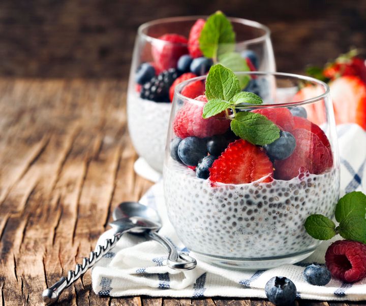 Flavour your chia pudding with vanilla extract, cinnamon, different plant milk and seasonal fruits.