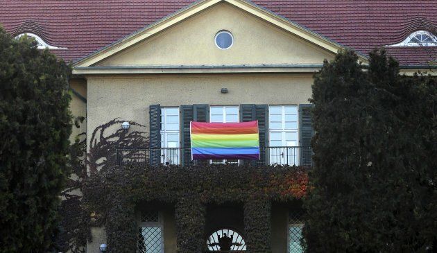 A picture taken on November 16, 2017 shows a rainbow flag hanging outside the German embassy in the Turkish capital Ankara in support of the lesbian, gay, bisexual, transgender (LGBT) community.