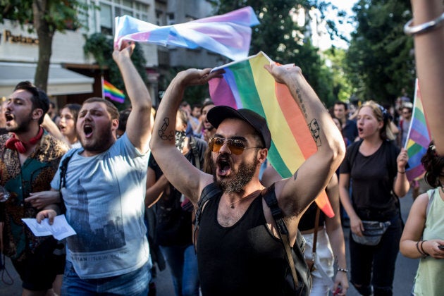 LGBT supporters march towards Taksim Square on June 25, 2017 in Istanbul, Turkey. The 2017 LGBT Pride March was banned by authorities for the third year. Organisers defied the order and people attempted to march to Taksim Square but were met by a heavy police presence.