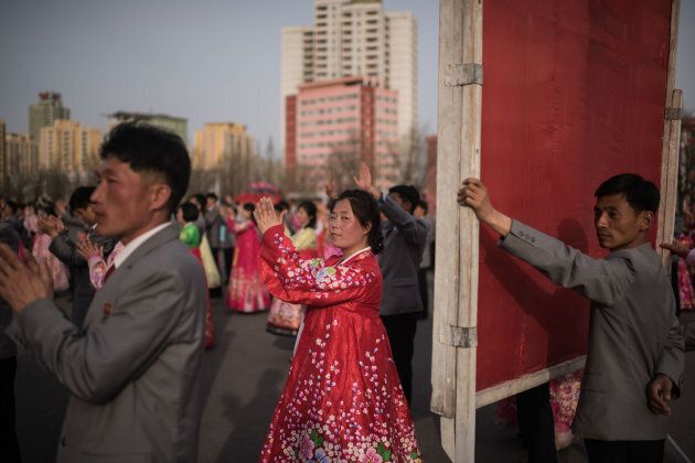 North Korean students take part in a mass dance event in Pyongyang.