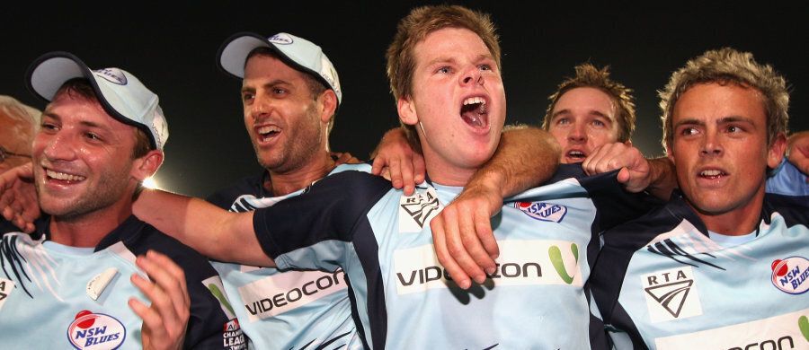 A very boyish Steve Smith with the late Phillip Hughes (left) playing for NSW in India in 2009 in the Champions League Twenty20 Final.