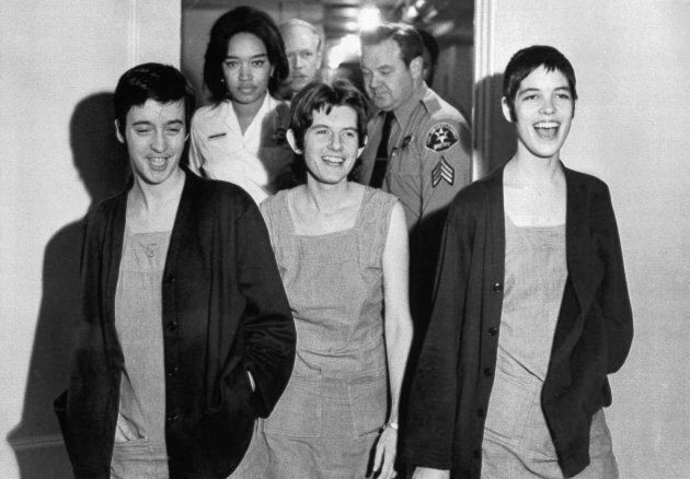 Susan Denise Atkins, (left), Patricia Krenwinkel and Leslie Van Houten,(right), laugh after receiving their sentences for their part in the Tate-LaBianca killing at the order of Charles Manson.