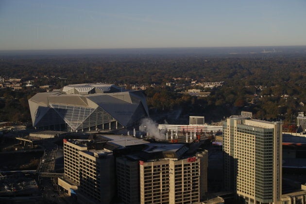 The Mercedes Benz Stadium stands alone, following the demolition of the Georgia Dome.