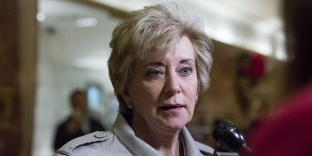 Linda McMahon, former chief executive officer of World Wrestling Entertainment Inc., speaks to the media in the lobby of Trump Tower in New York, U.S., on Wednesday, Nov. 30, 2016. Trump said Wednesday he plans to leave his business 'in total' to focus on the White House and will discuss the matter at a news conference Dec. 15 in New York with his children, some of whom are business associates. Photographer: Albin Lohr-Jones/Pool via Bloomberg