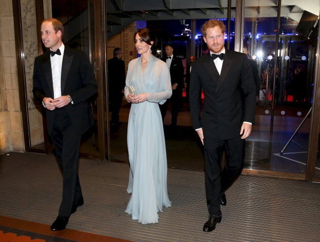 Prince William, Duke of Cambridge, Catherine, Duchess of Cambridge, and Prince Harry (R) attend The Cinema and Television Benevolent Fund's Royal Film Performance 2015 of the new James Bond 007 film "Spectre" at Royal Albert Hall on October 26, 2015 in London, England.