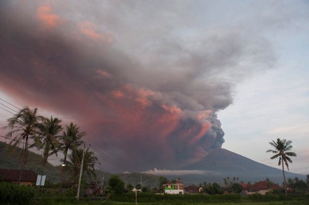 Mount Agung volcano erupts as seen from Culik Village, Karangasem, on November 26, 2017.