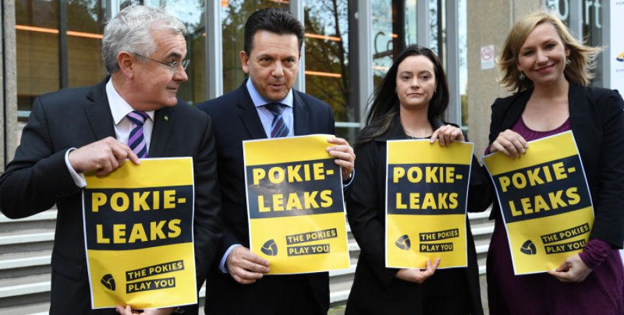 Wilkie, Xenophon, former pokie machine victim, Shonica Guy and Greens Senator Larissa Waters set up "Pokie Leaks" to get the gambling industry's dirty secrets