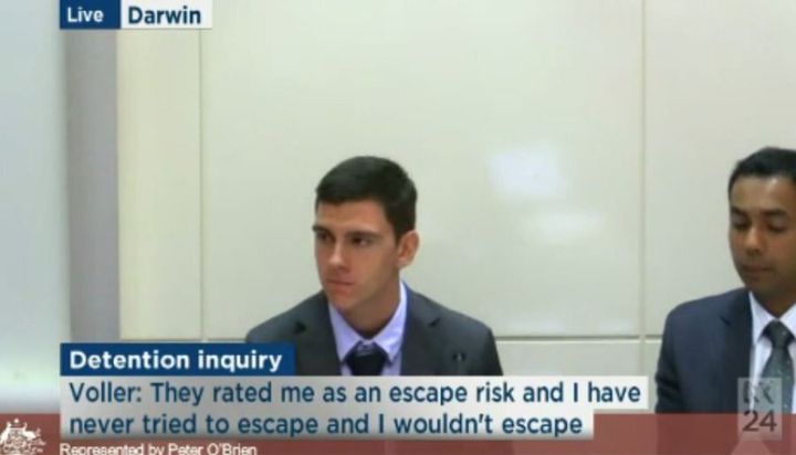 Dylan Voller is strapped to a restraint chair with a 'spit hood' placed on his face. On Monday he told a Royal Commission he vomited into his own mouth while in the chair.