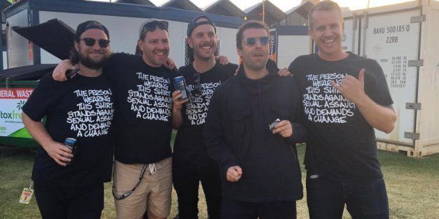 Tasmanian band Luca Brasi, with Noel Gallagher, wearing the Camp Cope shirts