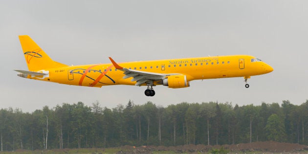 Moscow, Russia - May 19, 2016: Embraer 195LR ERJ-190-200LR Saratov airlines landing at Domodedovo International airport.