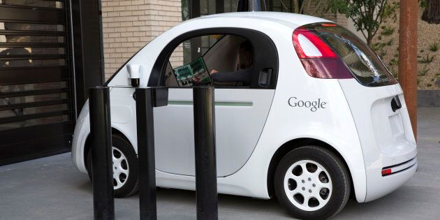 Google's self driving car enters the Google X Headquarters garage.