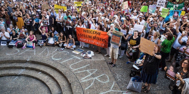 Protesters at Town Hall Square gather to demonstrate against offshore detention.