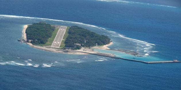 GAVEN REEF, SOUTH CHINA SEA - NOVEMBER 17, 2016: DigitalGlobe closeup imagery of one of the Gaven Reefs. The Gaven Reefs are located in the Tizard Bank of the Spratly Islands in the South China Sea. Photo DigitalGlobe via Getty Images.