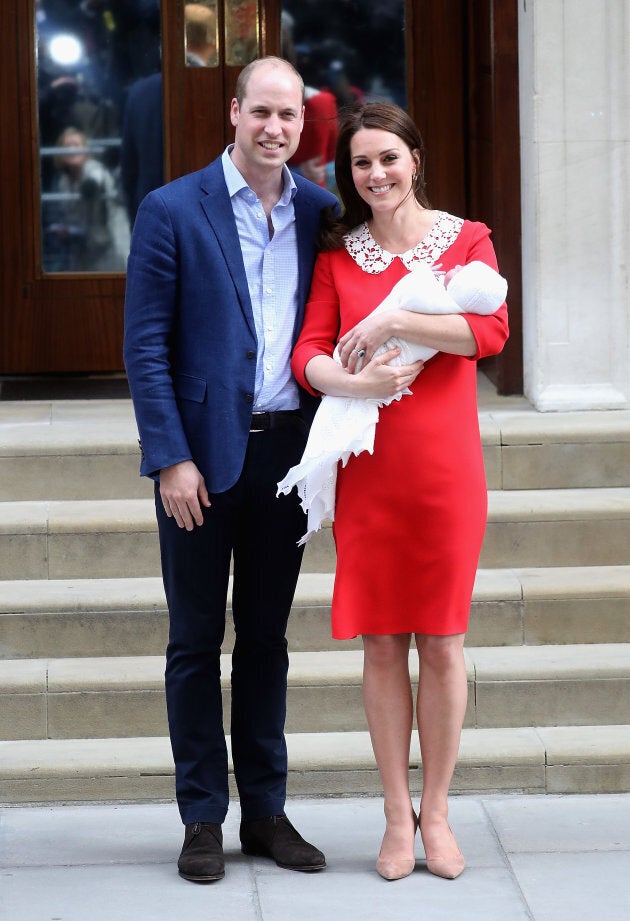 Prince William, Duke of Cambridge and Catherine, Duchess of Cambridge depart the Lindo Wing with their newborn son at St Mary's Hospital.