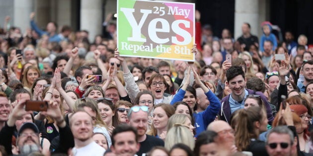 Yes campaigners celebrate as the results are announced in the referendum on the 8th Amendment of the Irish Constitution which prohibits abortions unless a mother's life is in danger.