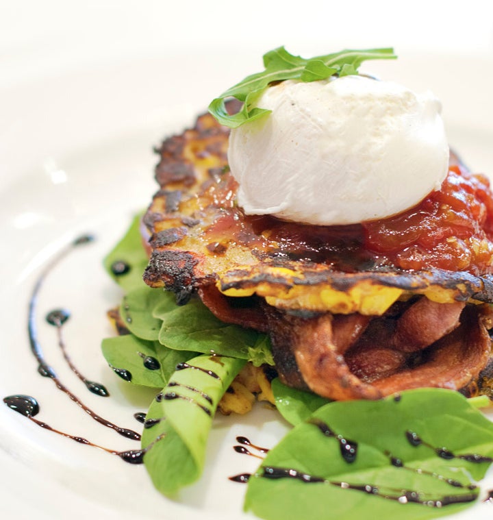 Stack 'em up and serve with fried ham, poached egg, tomato salsa and baby spinach.