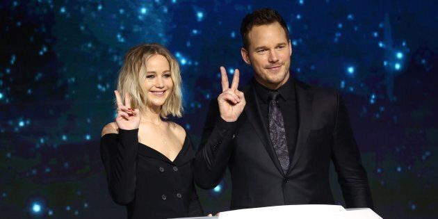 BEIJING, CHINA - DECEMBER 17: American actress Jennifer Lawrence and American actor Chris Pratt attend the press conference of film 'Passengers' on December 17, 2016 in Beijing, China. (Photo by VCG/VCG via Getty Images)