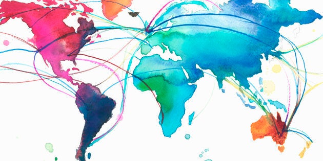 United Kingdom with connections across multicolored world map