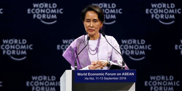 Myanmar State Counsellor Aung San Suu Kyi speaks at the plenary session of the World Economic Forum on ASEAN at the Convention Center in Hanoi, Vietnam on Sept. 12, 2018.
