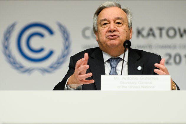 KATOWICE, POLAND - 2018/12/03: Antonio Guterres, UN Secretary General seen speaking at a press conference during the COP24 UN Climate Change Conference 2018.