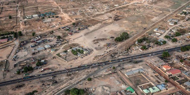 An aerial view taken on December 8, 2016 shows infrastructure and houses in Maiduguri, Borno State, northeastern Nigeria.