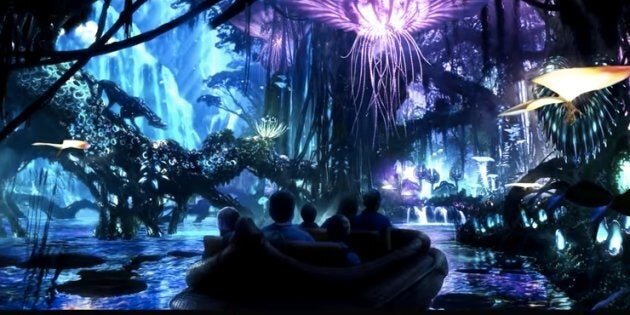 A glimpse of Pandora's river ride through a bioluminescent forest.