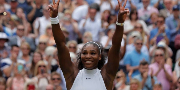 Serena Williams celebrates winning her women's singles final match against Germany's Angelique Kerber at Wimbledon. The tennis superstar announced her engagement Thursday to Reddit co-founder Alexis Ohanian.