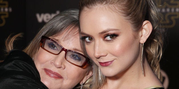 HOLLYWOOD, CA - DECEMBER 14: Actresses Carrie Fisher (L) and Billie Lourd attend the Premiere of Walt Disney Pictures and Lucasfilm's 'Star Wars: The Force Awakens' on December 14, 2015 in Hollywood, California. (Photo by Todd Williamson/Getty Images)