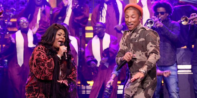 THE TONIGHT SHOW STARRING JIMMY FALLON -- Episode 0587 -- Pictured: (l-r) Musical guests Pharrell Williams and Kim Burrell perform on December 08, 2016 -- (Photo by: Andrew Lipovsky/NBC/NBCU Photo Bank via Getty Images)